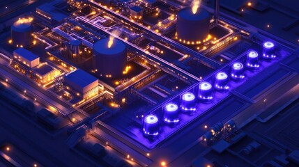 Obraz premium Extensive petrochemical complex at night, illuminated by industrial lights.