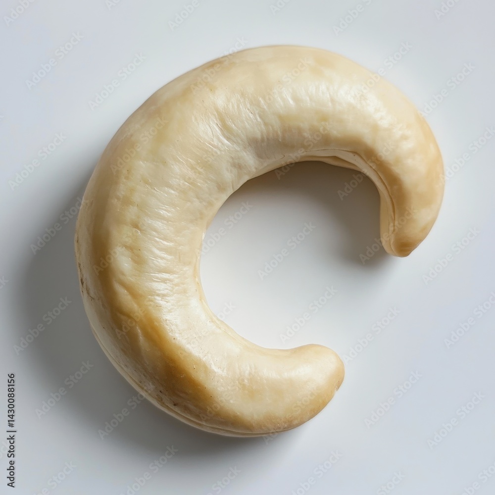Poster singular cashew nut displaying smooth, crescent-shape texture and pale tone against a neutral backgr