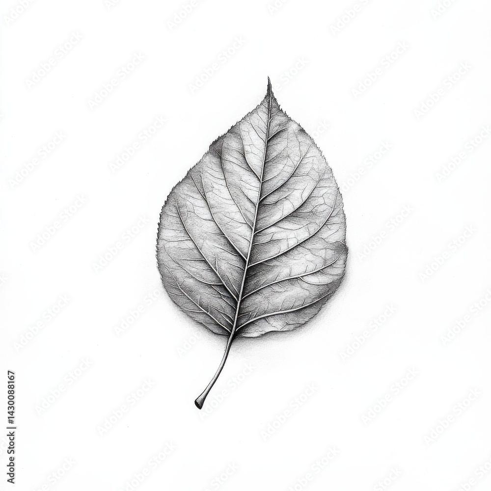 Poster intricate pencil drawing of a single autumn leaf with detailed veins and delicate edges on white bac