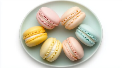 Fototapeta premium Colorful macarons arranged on a pale plate showcasing delightful pastel flavors in a dessert setting