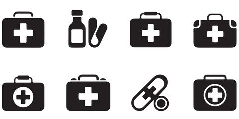 first aid box, icon, first and kit, silhouette, set, thin, black, line, vector