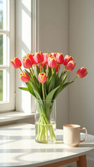 Beautiful pink tulips on a white table near the window in a calm and peaceful setting.