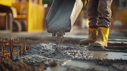 Construction worker pouring concrete into a mold. Featuring skill and focus