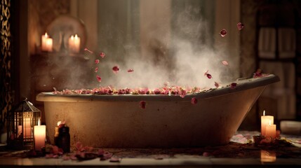 Candle-lit bathtub filled with flowers and soft lighting creating a warm and inviting atmosphere for relaxation