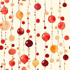 Festive Watercolor Pattern: Red, Orange, and Gold Holiday Ornaments Hanging on Strings
