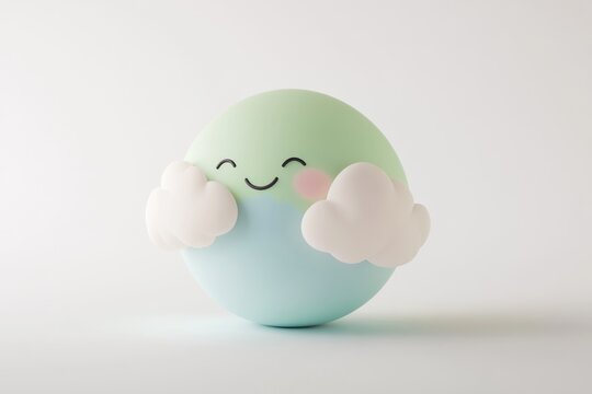 A cheerful pastel sphere with a smiling face, embraced by fluffy white clouds.