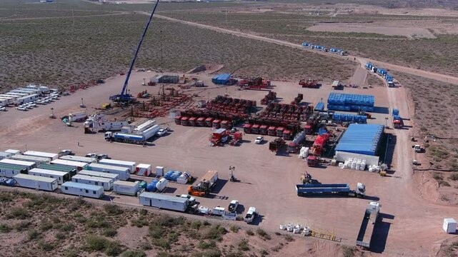 A drone takes a reveal shot of a fracking site in Vaca Muerta, Argentina. Red Trucks with ultra-high-pressure engines break up the rock to extract gas and oil.