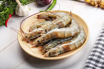 Raw fresh tiger prawn on the plate