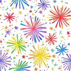 Festive Watercolor Fireworks and Stars Seamless Pattern on White Background for Celebrations and Festive Occasions