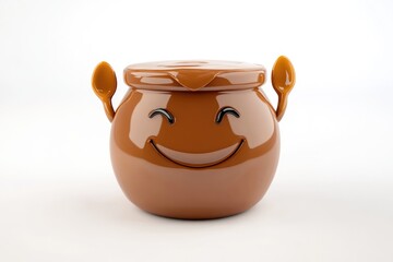A happy, brown, cartoon jar with spoon handles, smiling cheerfully.