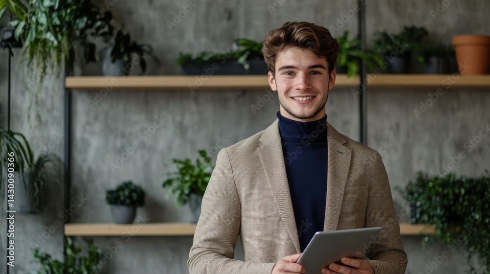 Aufkleber young professional man in a suit smiling with a tablet computer in a modern office setting