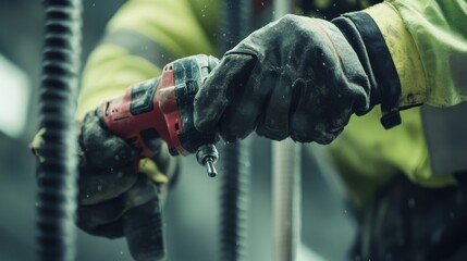 Construction worker using a power drill to install fixtures. Featuring precision and focus