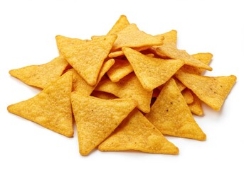 A pile of crispy yellow tortilla chips arranged haphazardly on a plain white surface in a close up shot