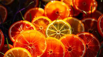 Vibrant citrus slices illuminated by sunlight.