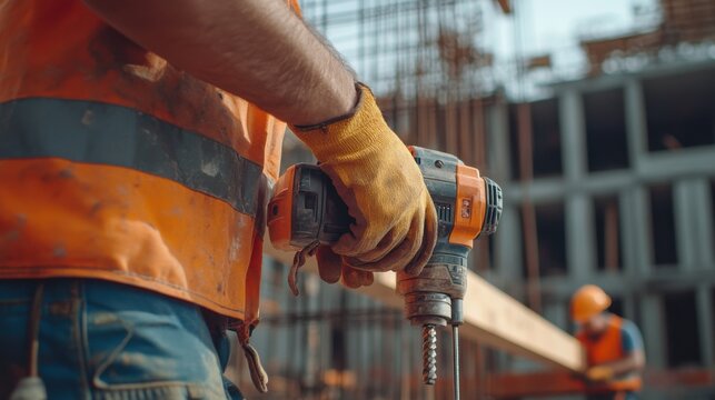 Construction worker using a power drill to secure beams at a building site. Featuring strength and focus