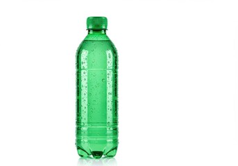 A green plastic bottle with water droplets on it sits against a plain white background in a studio shot