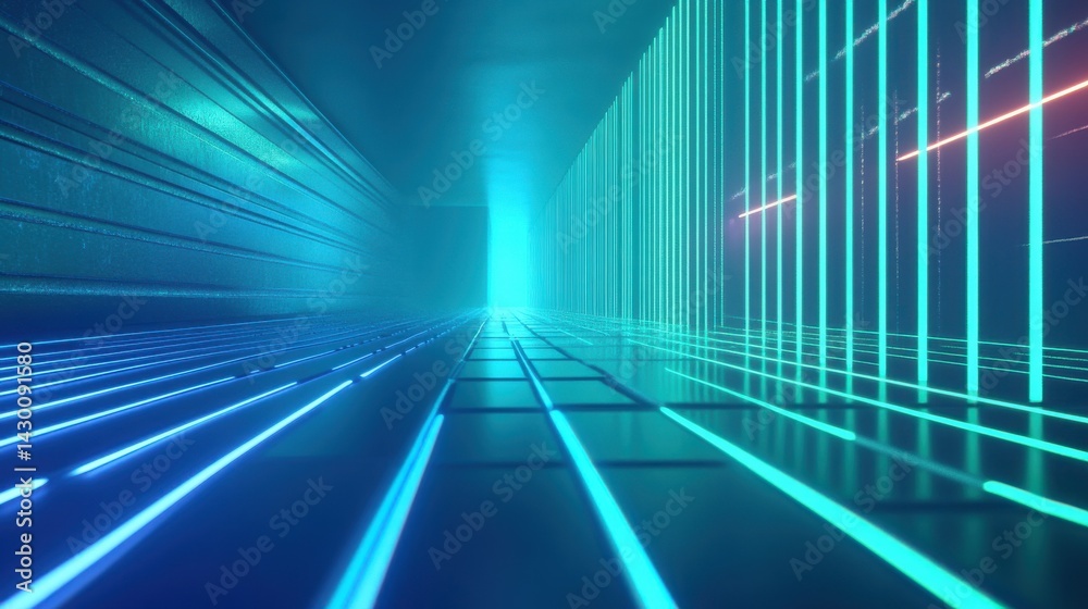 Aufkleber futuristic tunnel with glowing blue neon lines and perspective grid for tech and sci-fi designs