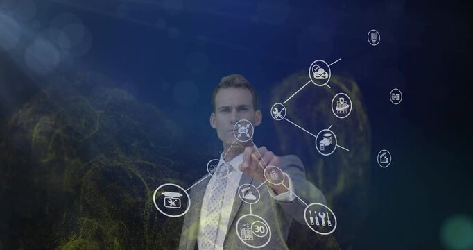 Male professional touching cloud sync interface in technology workspace, showing analytics charts