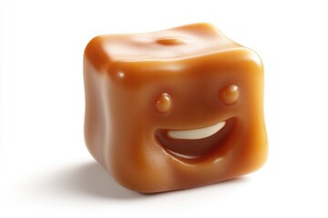 A happy, cube-shaped caramel candy with a smiling face, isolated on white.