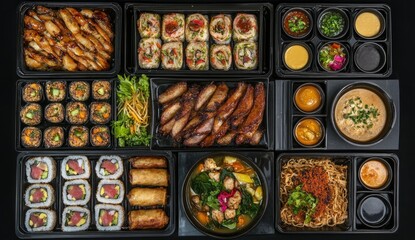 Fototapeta premium Asian cuisine takeout platters. Variety of food