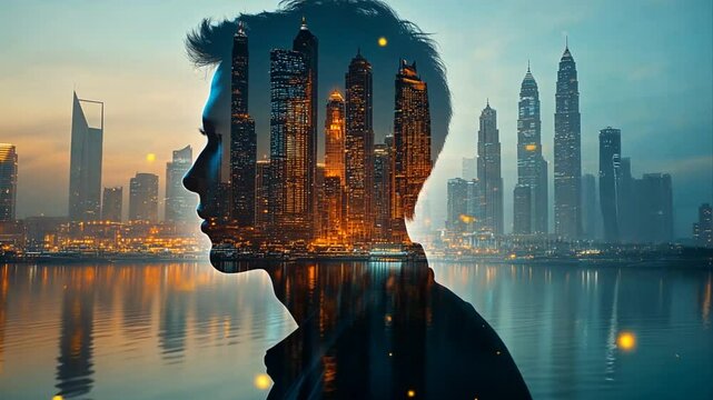Cityscape silhouette reflection with a thoughtful man creating an urban mindscape vision blend