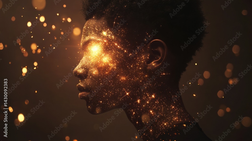 Poster A conceptual visualization of a man's profile glowing with bright golden sparkles, representing inner light, energy, and enlightenment.
