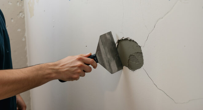 Hand applying cement patch to damaged wall with metal trowel. Close-up of hole repair process with concrete filler. Home renovation and wall restoration techniques