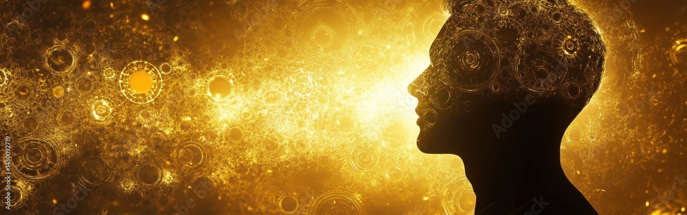 Aufkleber silhouette of a man's head filled with golden intricate patterns, representing intelligence and know