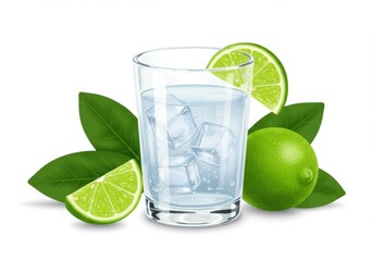 Fototapeta premium A glass of water with ice cubes and limes with green leaves on a white background illustration