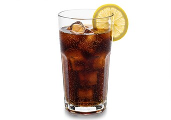 A tall glass filled with cola and ice cubes garnished with a lemon slice on a white background scene