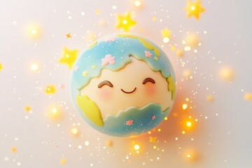 Naklejka premium Smiling cartoon Earth surrounded by twinkling stars and golden sparkles, representing joy and environmental care.