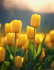 Obraz premium Blooming yellow tulip flowers in the field