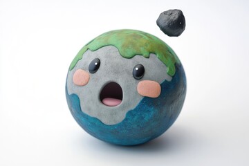 A surprised cartoon Earth faces an incoming asteroid, symbolizing environmental threats and potential disaster.