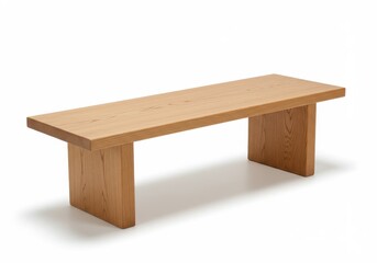 A light colored wooden bench with a rectangular top and thick legs on a white background studio shot