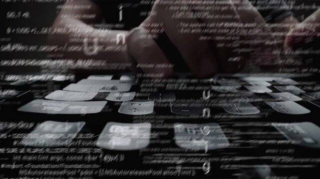 Creative visual of computer programming coding and software development shown by man working on computer keyboard with overlay of computer graphic displaying abstract program codes and computer script