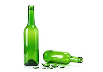 Two green glass bottles one standing and one broken lying on white background in studio shot
