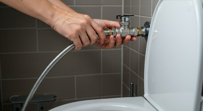 Hands adjusting toilet cistern valve with metal flexible hose. Close-up of plumbing repair on water supply connection. Bathroom maintenance and water saving solutions