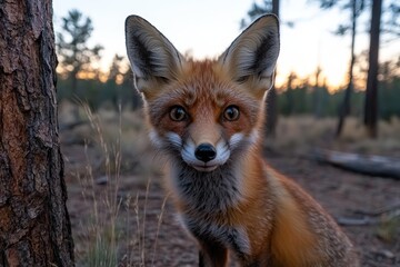 Fototapeta premium A curious fox in a forest setting looks directly at the camera.