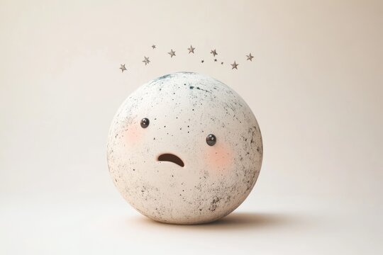 A distressed spherical character with a speckled surface, gazing upward at a constellation of small stars.
