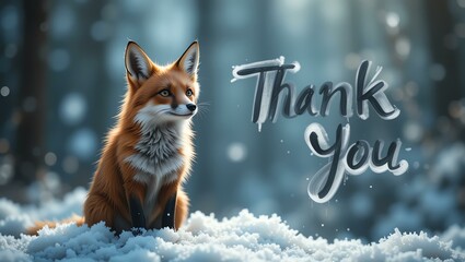 A beautiful fox sits in the snow, surrounded by a serene forest ambiance, conveying warmth and gratitude with a heartfelt message.