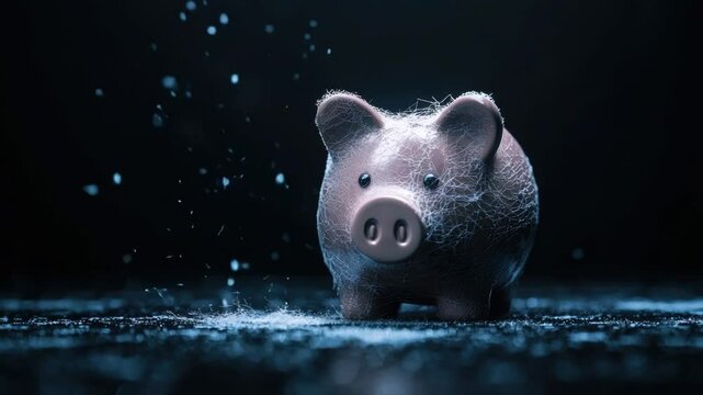 Fragile piggy bank surrounded by scattered dust particles
