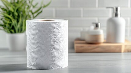 White paper towel roll on a kitchen counter with plants and toiletries in a contemporary setting