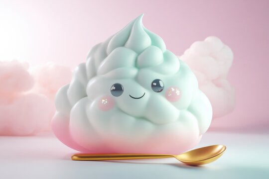 Adorable cartoon whipped cream cloud with a happy face and a golden spoon.