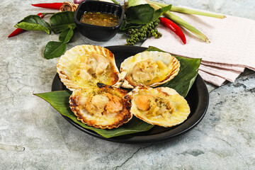 Griiled scallops in shell with cheese