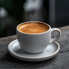 Fototapeta premium A cup of hot coffee with steam on a wooden table.
