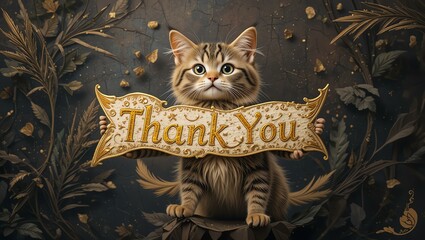 A charming cat holding a beautifully decorated 'Thank You' sign amidst a backdrop of leaves and flowers, conveying gratitude.