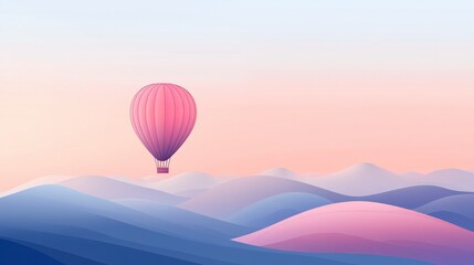 Fototapeta premium Pastel Pink Hot Air Balloon Over Purple Blue Mountains at Sunrise