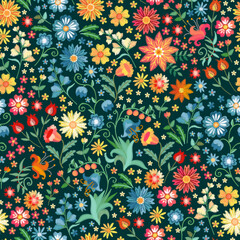 Motley natural seamless pattern with embroidered flowers and berries on a deep green background. Floral embroidery, beautiful print for fabric.