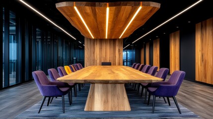Modern Conference Room with Wooden Table and Purple Chairs Under Ambient Lighting