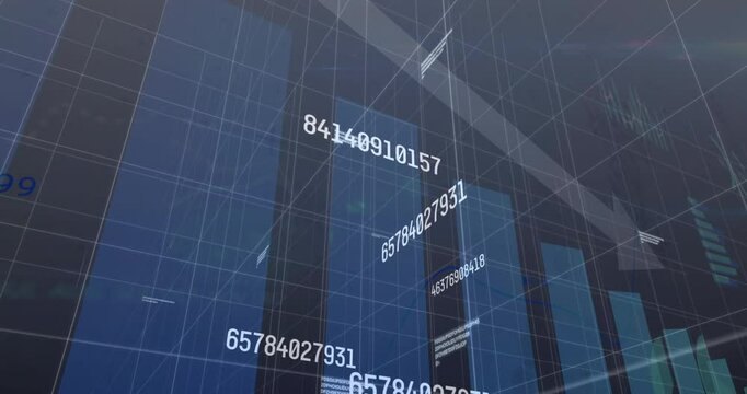 Displaying holographic data panel floating in 3D interface, showing numeric strings and bar charts